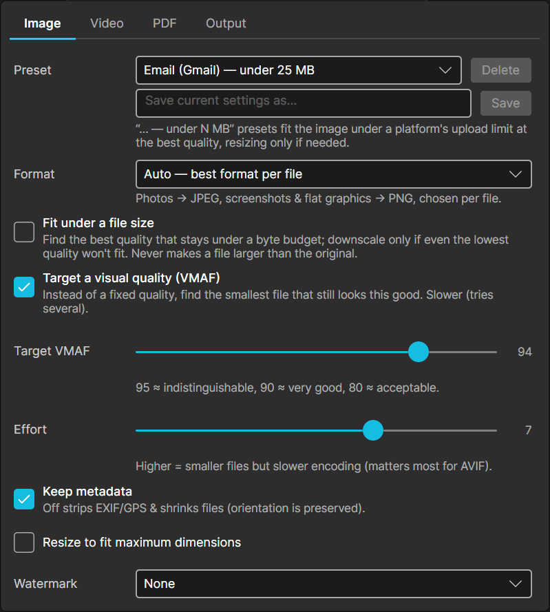 Skweejee's image settings with an email preset, auto format selection, and a VMAF quality target slider