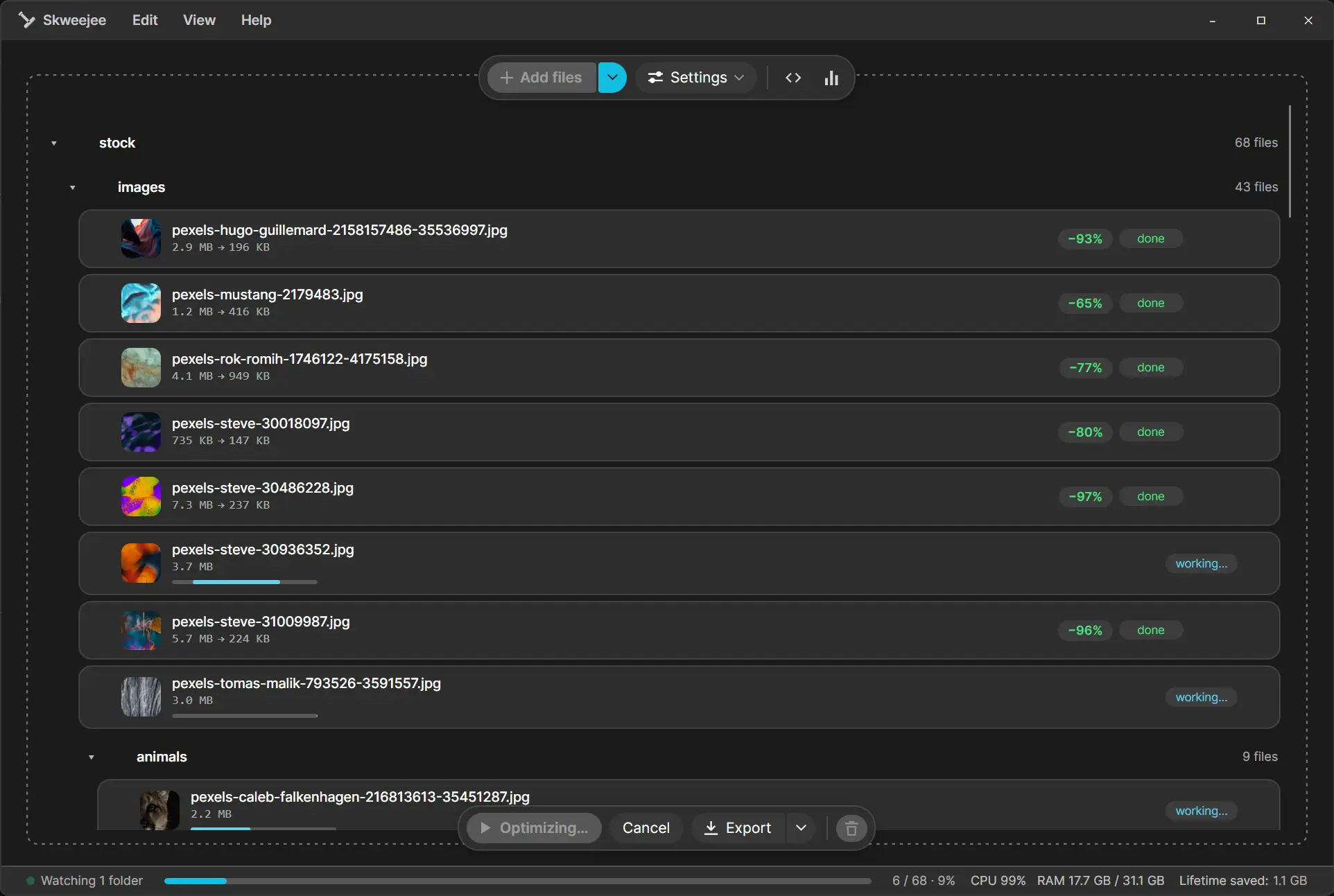 Skweejee batch-compressing stock photos with per-file savings of up to 97 percent
