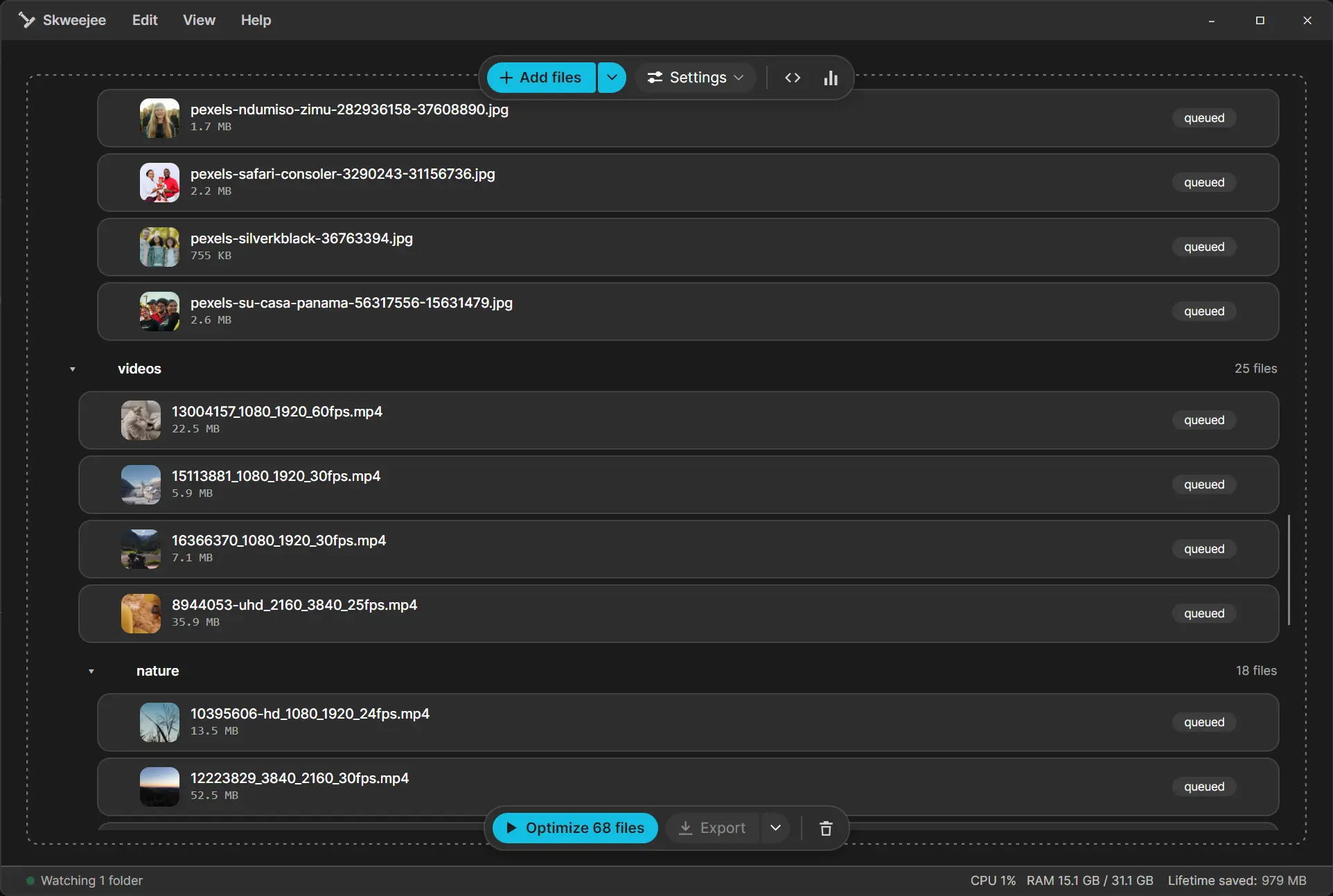 Skweejee with dozens of images and videos queued across folders, ready to optimize in one click