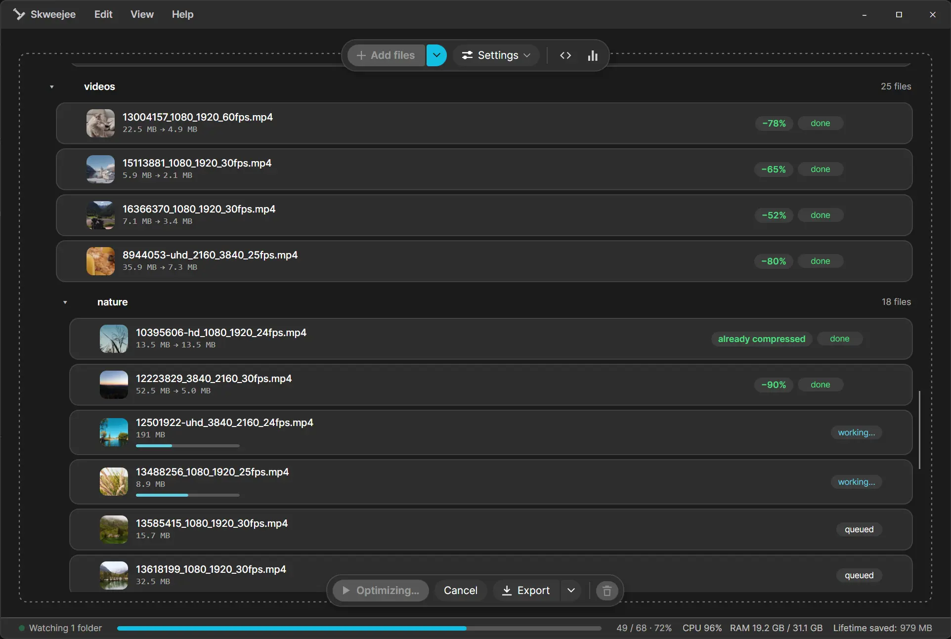 Skweejee compressing a batch of videos, showing files shrinking by 52 to 90 percent