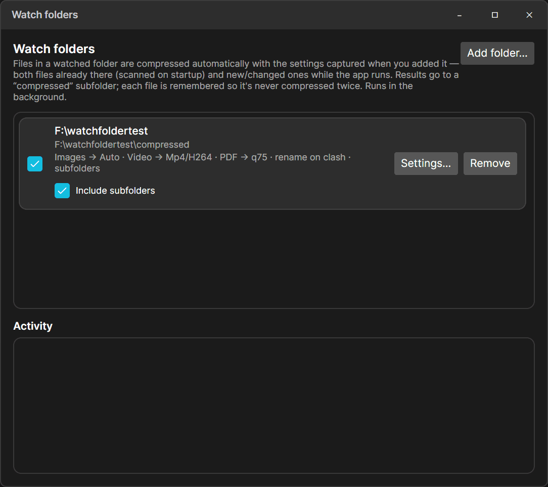 Skweejee's watch folders dialog with a folder set to auto-compress images, videos and PDFs including subfolders