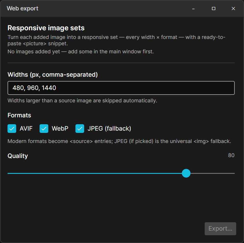 Skweejee's web export dialog generating responsive image sets in AVIF, WebP and JPEG at multiple widths